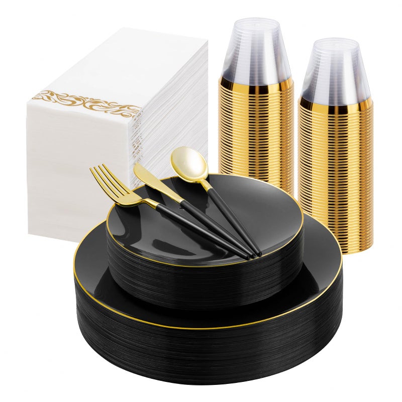 175 Pieces Black Gold Plastic Dinnerware Set Gold Disposable Plates for Party Include 50 Black Plates with 75 Plastic Cutlery 25 Napkins and 25 Cups